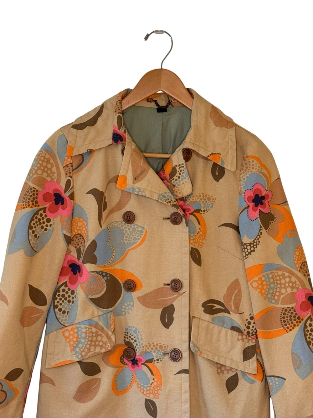 Boden Floral Mac Double Breasted 60s Vibrant Mod Style Trench Coat Size 12 - Picture 2 of 6